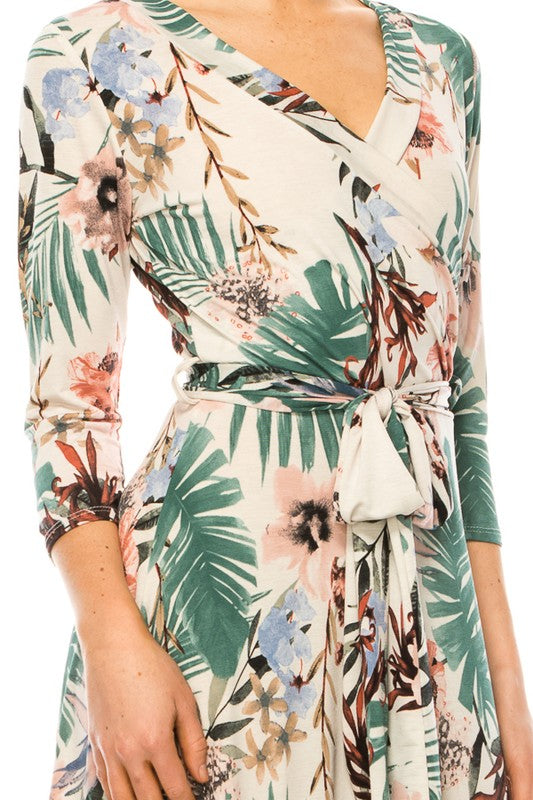 Women's Floral Faux Wrap Dress with Deep V-Neck