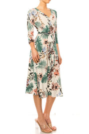 Women's Floral Faux Wrap Dress with Deep V-Neck