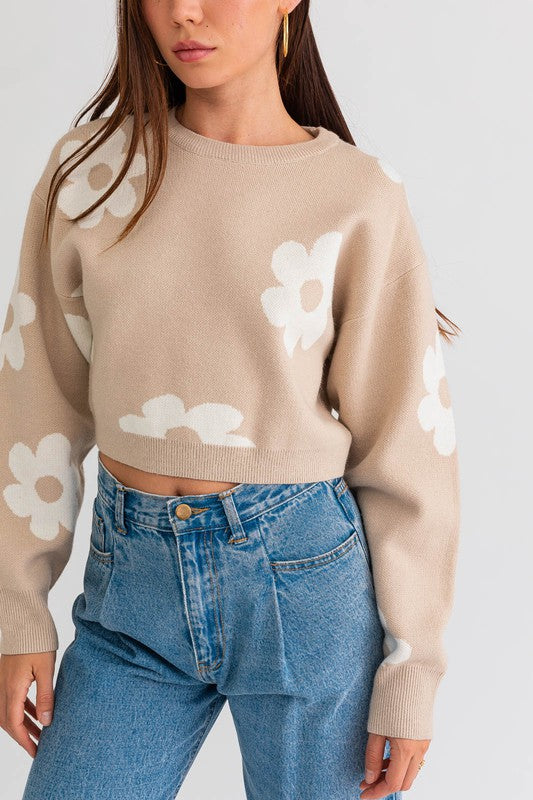 Women's Long Sleeve Crop Sweater with Daisy Pattern