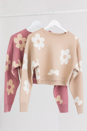 Women's Long Sleeve Crop Sweater with Daisy Pattern