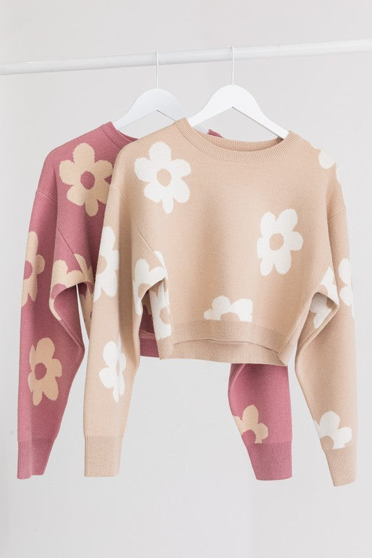 Women's Long Sleeve Crop Sweater with Daisy Pattern