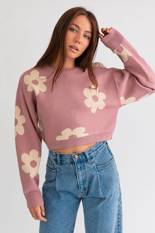 Women's Long Sleeve Crop Sweater with Daisy Pattern