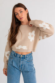 Women's Long Sleeve Crop Sweater with Daisy Pattern