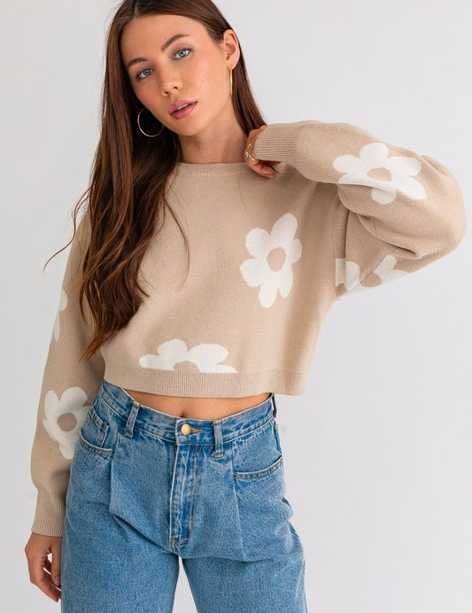 Women's Long Sleeve Crop Sweater with Daisy Pattern