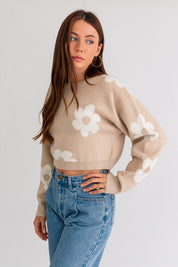 Women's Long Sleeve Crop Sweater with Daisy Pattern