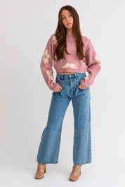 Women's Long Sleeve Crop Sweater with Daisy Pattern