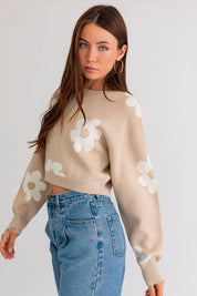 Women's Long Sleeve Crop Sweater with Daisy Pattern