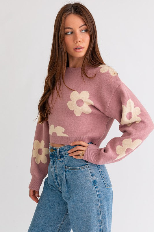 Women's Long Sleeve Crop Sweater with Daisy Pattern