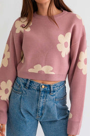 Women's Long Sleeve Crop Sweater with Daisy Pattern