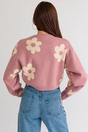 Women's Long Sleeve Crop Sweater with Daisy Pattern