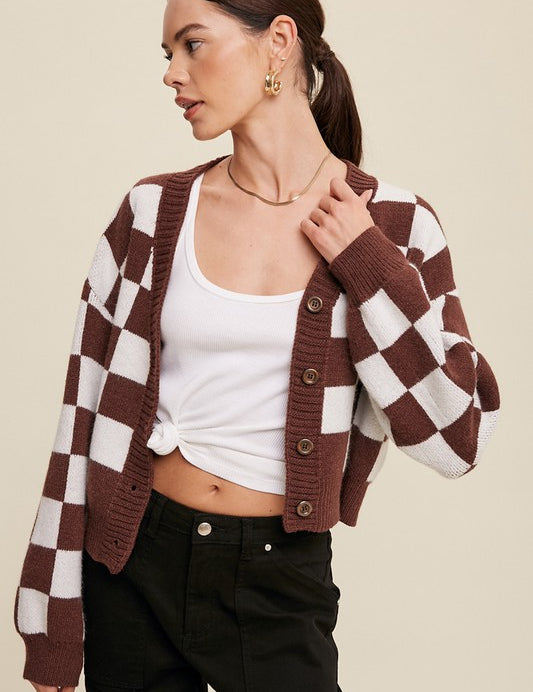 Bold Gingham Sweater Weaved Crop Cardigan