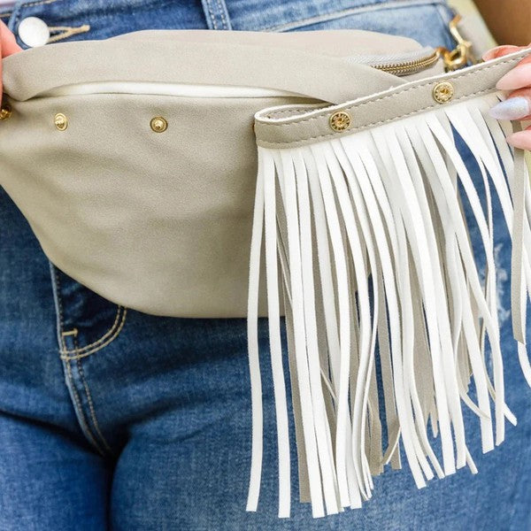 Women's Adjustable Suede Sling Bag with Detachable Fringe