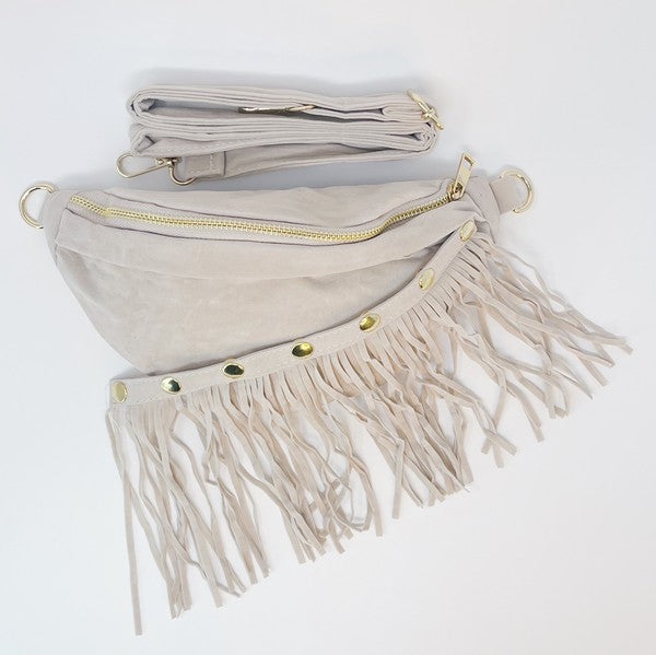 Women's Adjustable Suede Sling Bag with Detachable Fringe