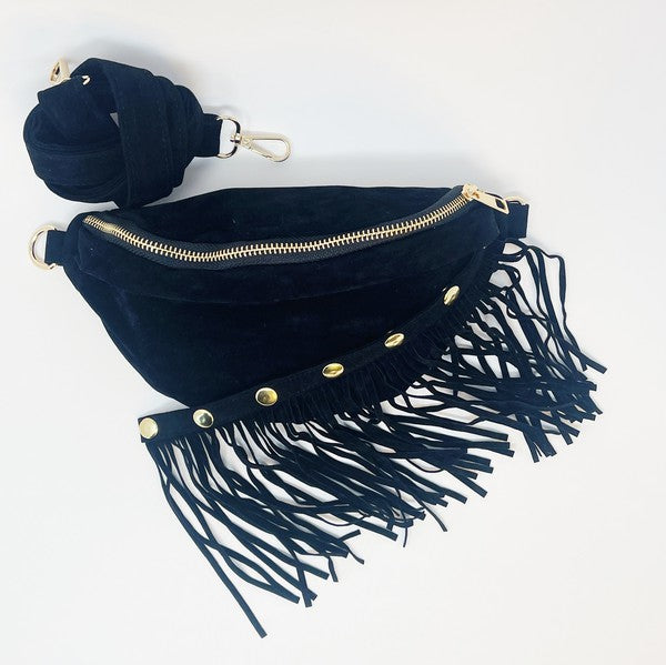 Women's Adjustable Suede Sling Bag with Detachable Fringe