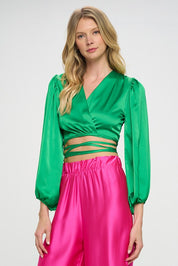 Women's Satin Wrap Crop Top with Tie