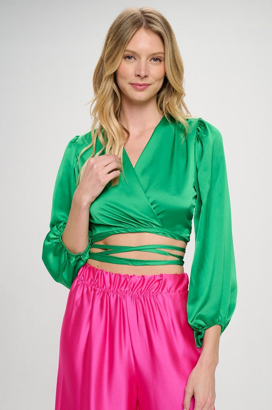 Women's Satin Wrap Crop Top with Tie