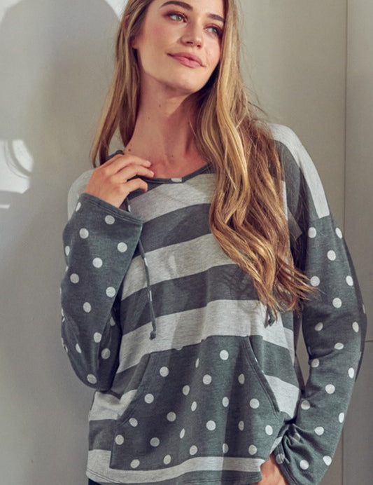 Women's Boxy Fit Polka Dot Stripe Mix Hoodie Sweatshirt