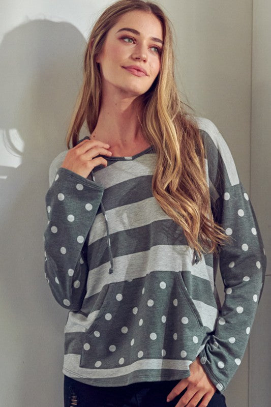 Women's Boxy Fit Polka Dot Stripe Mix Hoodie Sweatshirt