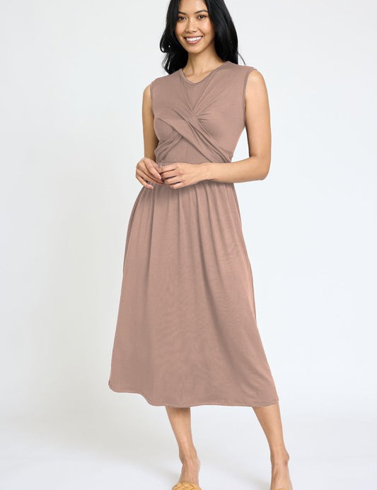 Sleeveless Cross-Over Bodice Midi Dress