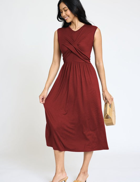 Sleeveless Cross-Over Bodice Midi Dress