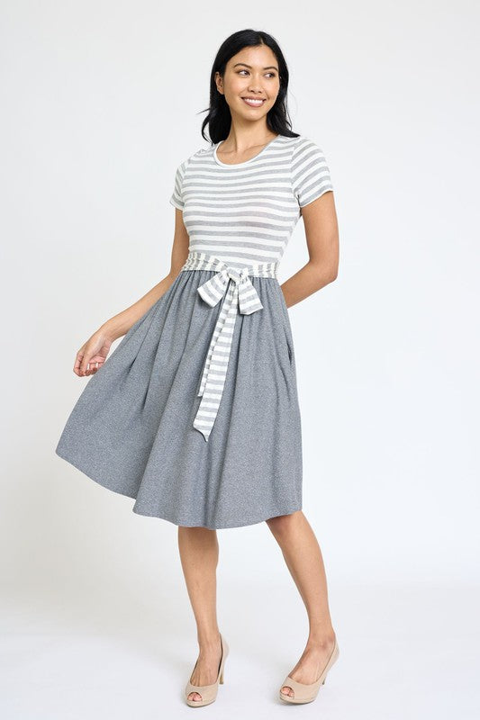 Women's Short Sleeve Stripe Sash Dress