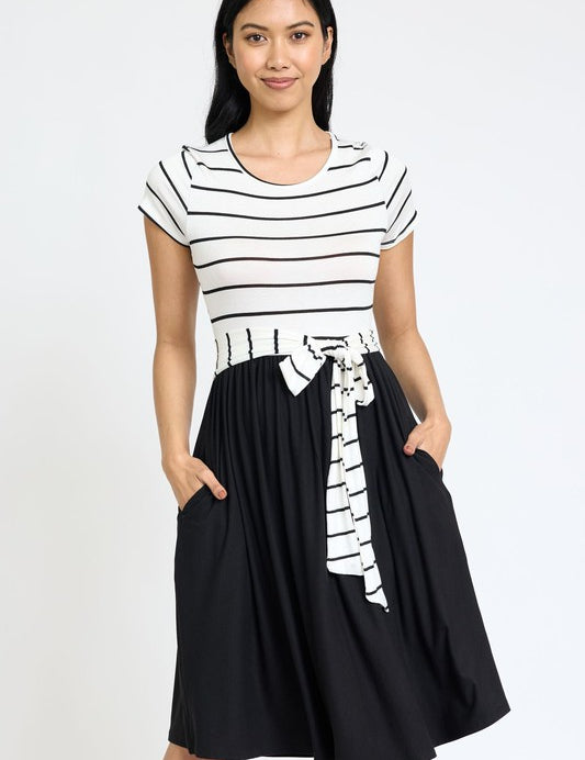 Women's Short Sleeve Stripe Sash Dress