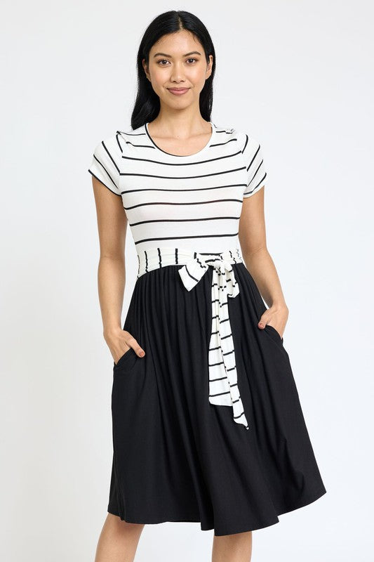 Women's Short Sleeve Stripe Sash Dress