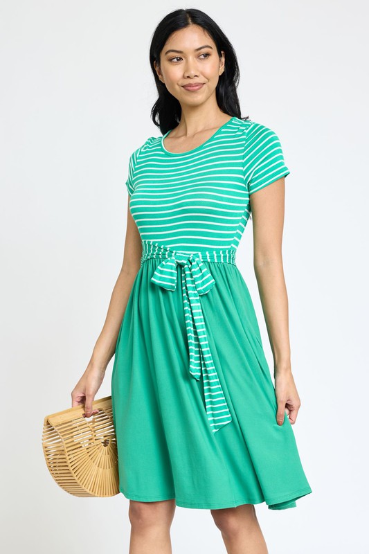 Women's Short Sleeve Stripe Sash Dress