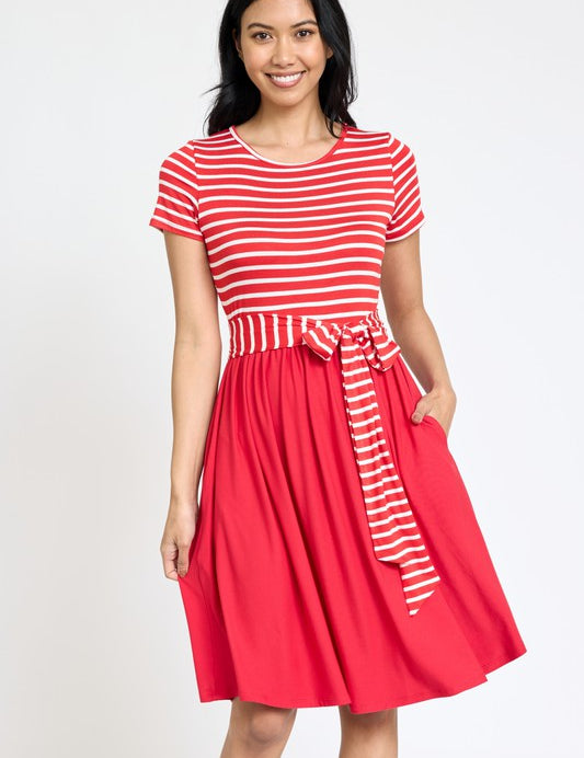 Women's Short Sleeve Stripe Sash Dress