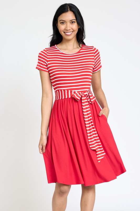 Women's Short Sleeve Stripe Sash Dress