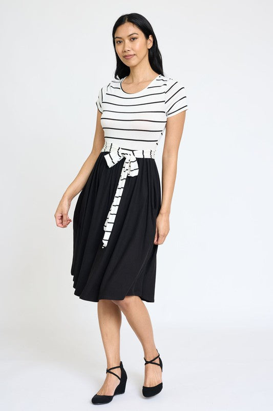 Women's Short Sleeve Stripe Sash Dress