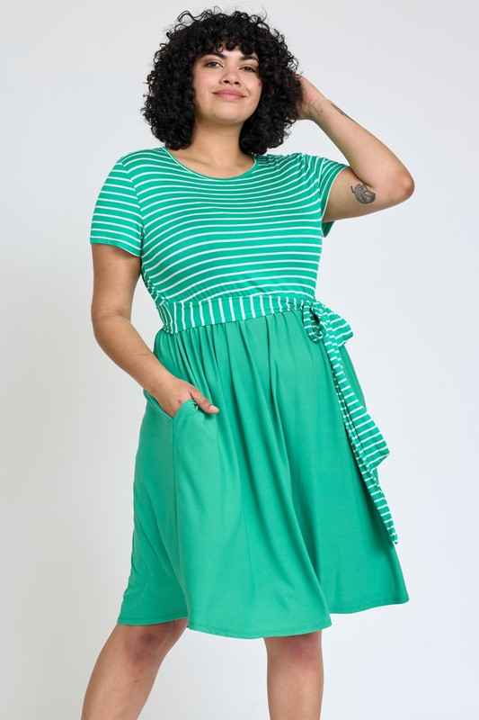 Plus Size Short Sleeve Stripe Sash Dress for Women