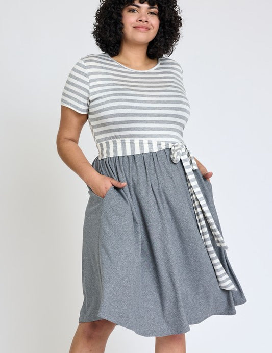 Plus Size Short Sleeve Stripe Sash Dress for Women