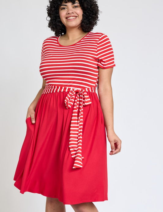 Plus Size Short Sleeve Stripe Sash Dress for Women