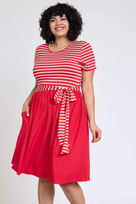 Plus Size Short Sleeve Stripe Sash Dress for Women