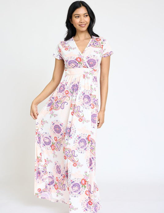 Women's Ivory Paisley Spring Pattern Surplice Maxi Dress