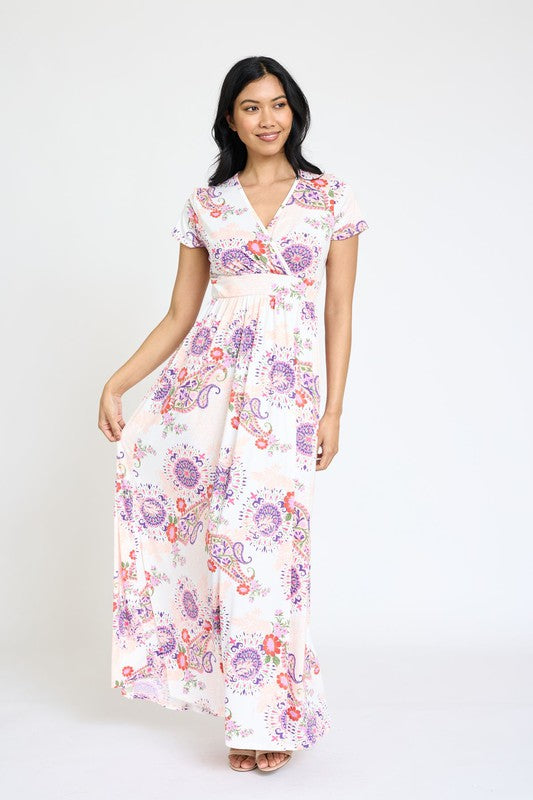 Women's Ivory Paisley Spring Pattern Surplice Maxi Dress