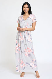 Women's Grey Floral Surplice Bodice Maxi Dress