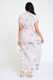 Women's Grey Floral Surplice Bodice Maxi Dress