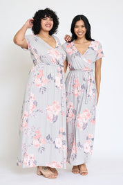 Women's Grey Floral Surplice Bodice Maxi Dress