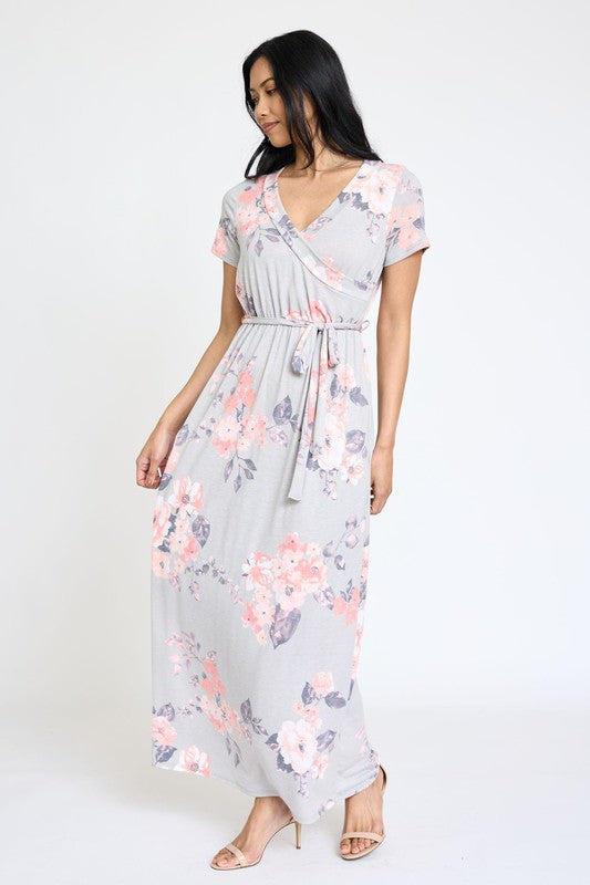 Women's Grey Floral Surplice Bodice Maxi Dress