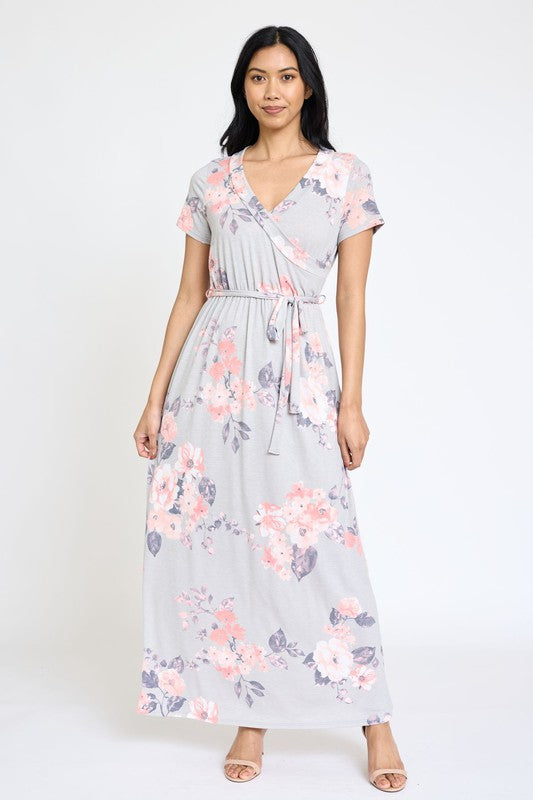 Women's Grey Floral Surplice Bodice Maxi Dress