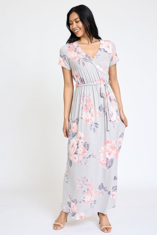 Women's Grey Floral Surplice Bodice Maxi Dress