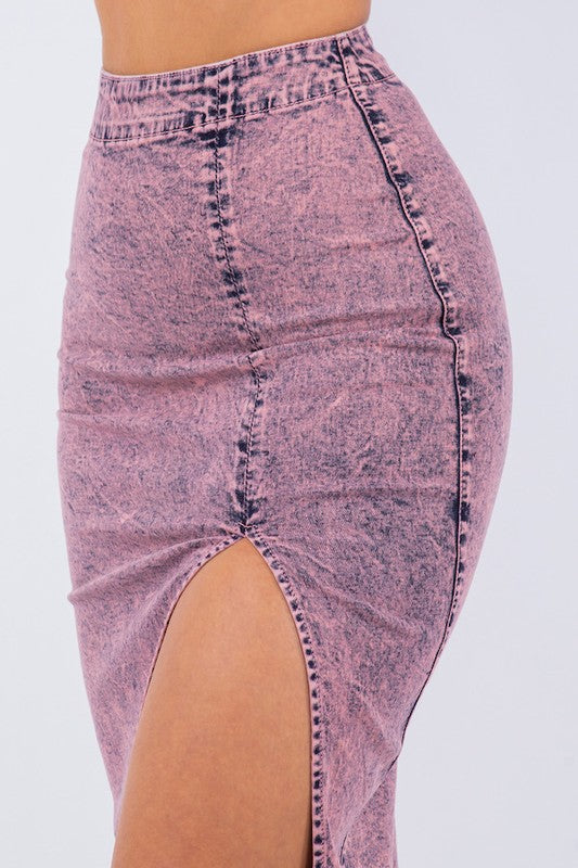 Women's High Waisted Pink Denim Midi Skirt