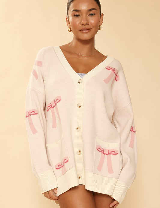 Women's Oversized V-Neck Bow Knit Cardigan