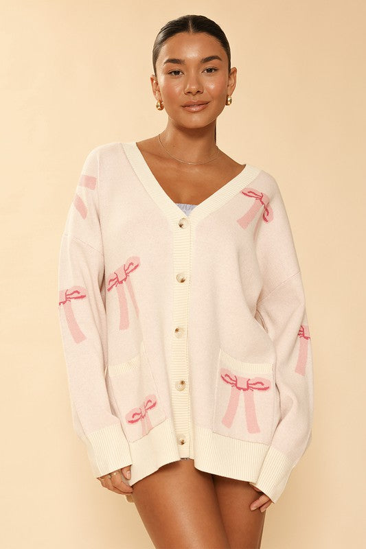 Women's Oversized V-Neck Bow Knit Cardigan