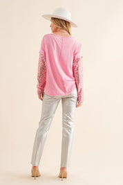 Women's Relaxed Fit Star Printed Sequin Sleeve Top