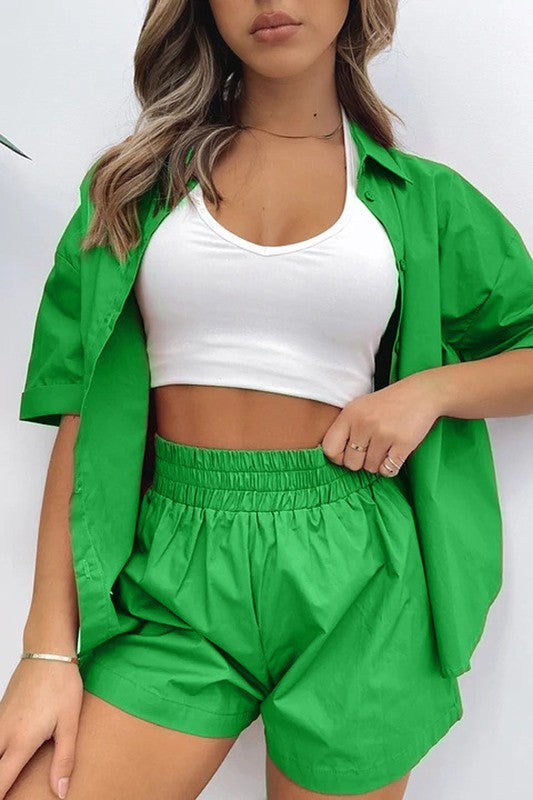 Women's Short Sleeve Button-Up Two Piece Set