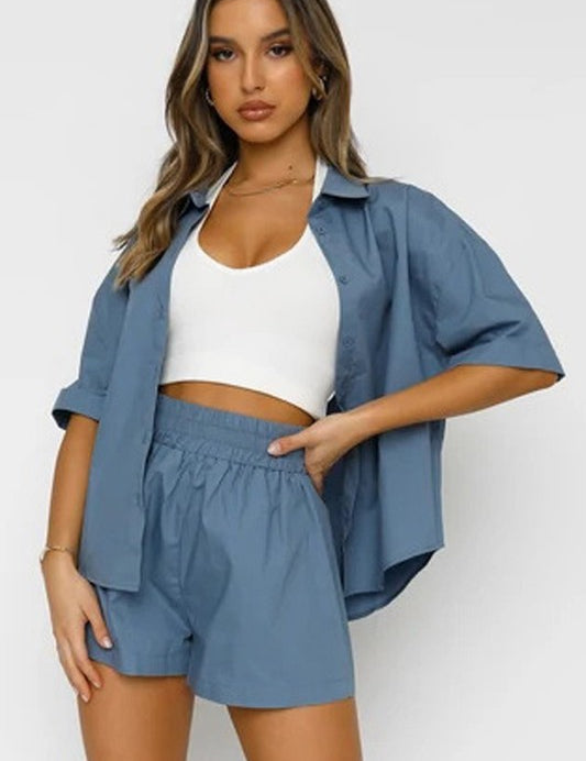 Women's Short Sleeve Button-Up Two Piece Set