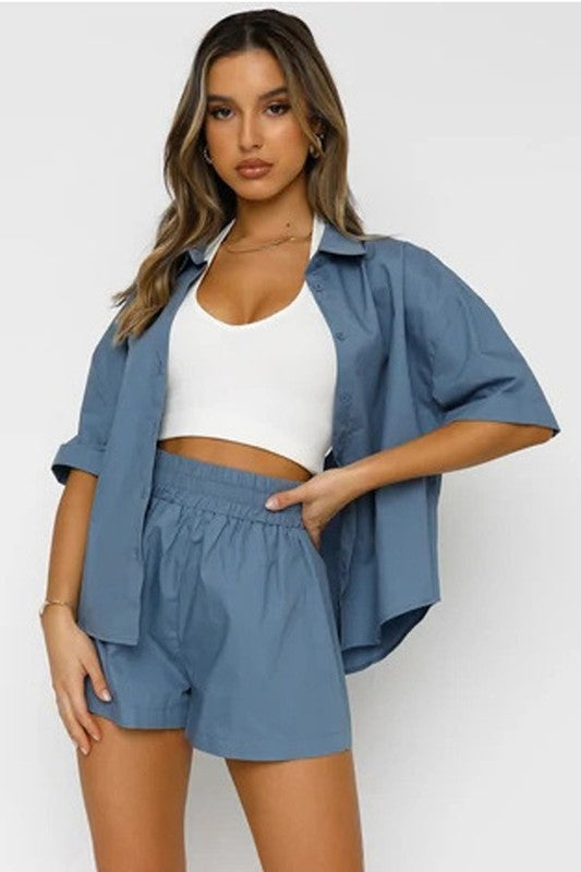 Women's Short Sleeve Button-Up Two Piece Set